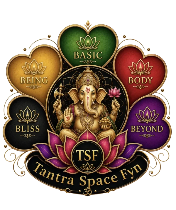 Tantra Space Fyn logo med de fem Spaces: BASIC, BEING, BODY, BEYOND og BLISS